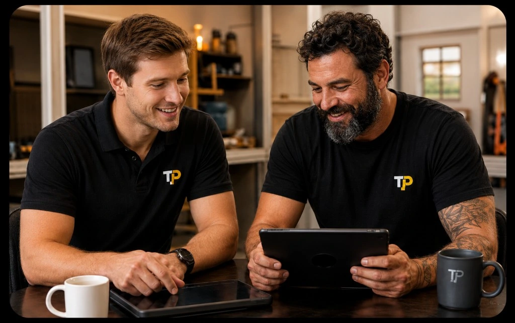 Tradespeople reviewing TradiesPost on a tablet